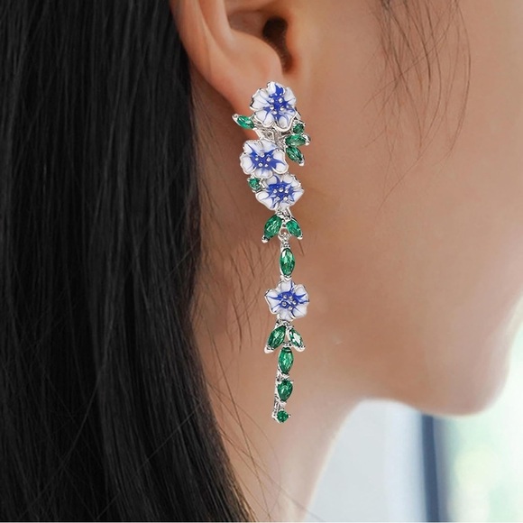 NIB 925 Plated Enamel Flower Inlay Drop Earrings with Crystal Accents - Picture 6 of 16